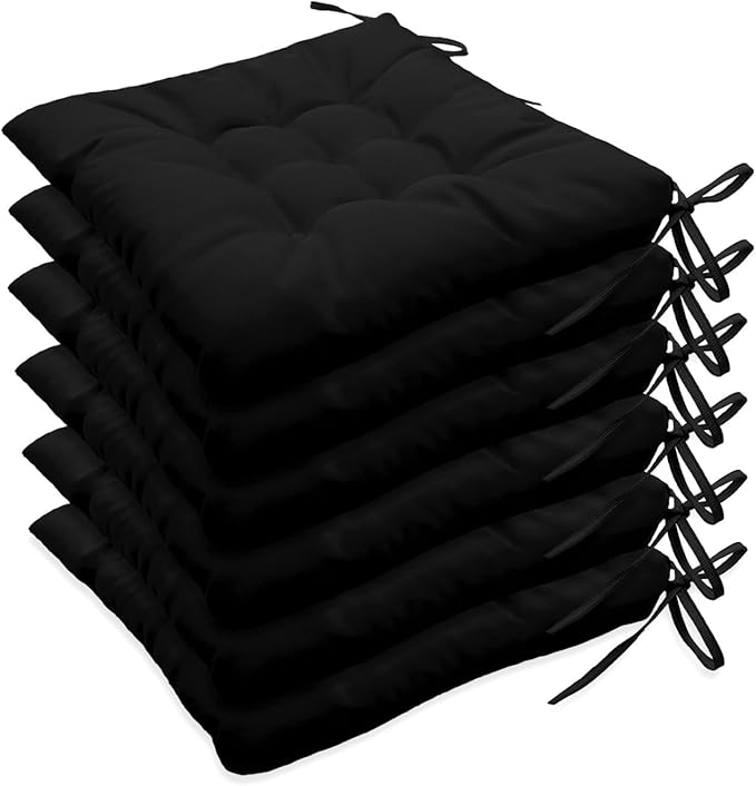 Outdoor Indoor Tufted Chair Cushions, Seat Cushions with Ties, Chair Pads Waterproof for Porch Kitchen Office Garden Black 16" x 16", Set of 6