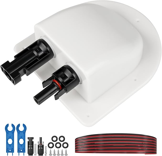 Solar Cable Entry Gland with 10Awg Copper Solar Cable and Solar Connector UV Resistance Dual Cable Entry Housing for Solar RV Boats Yacht Roofs (White 20FT)