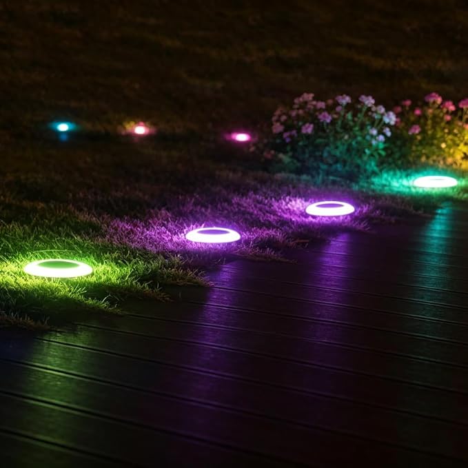 20 Lumens Colorized Solar Ground Lights,Solar Disc Lights,Solar Deck Lights with Mutiple Color Functions for Landscape, Pathway, Patio, Yard, Path, Lawn and Garden