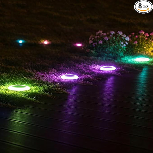 20 Lumens Colorized Solar Ground Lights,Solar Disc Lights with Mutiple Color Functions for Pool Area, Pathway, Patio, Yard, Path, Lawn and Garden