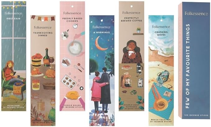 Folkulture Incense Sticks Gift Set (120 Sticks) | Set of 6 Premium Sweet Incense for Beach, Summer Vacation | No Charcoal, Organic, Non Toxic, 45 Mins Long Burning Petrichor, Espresso, Coffee