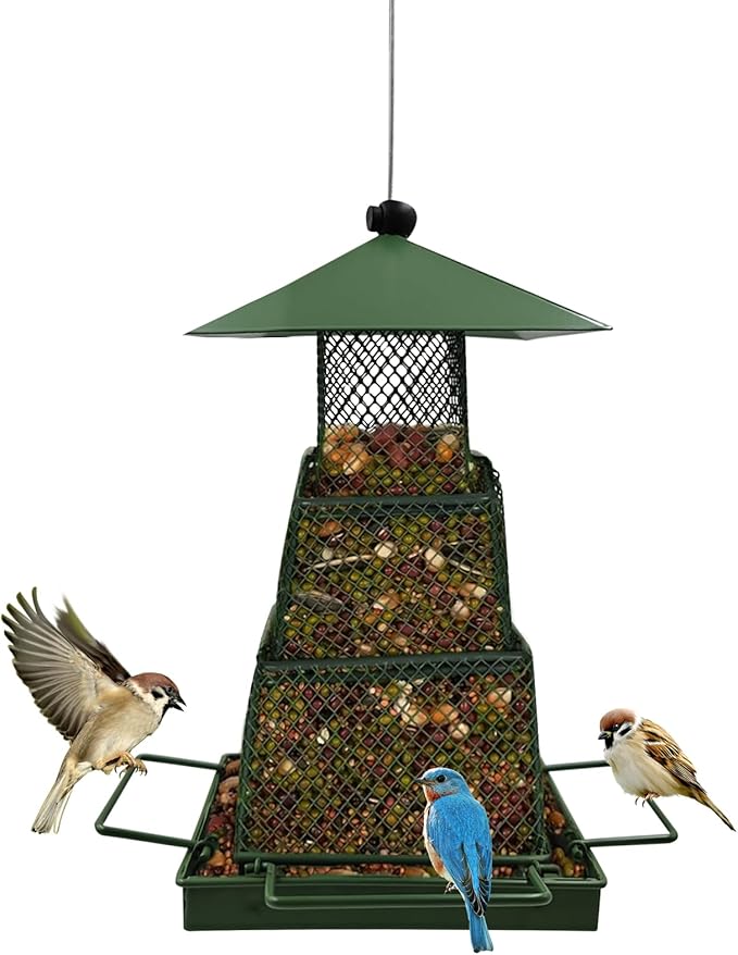 Green Metal Bird Feeder – Squirrel-Resistant Hanging Feeder with 4 Perches | Large Seed Capacity, 360° Mesh for Backyard & Garden