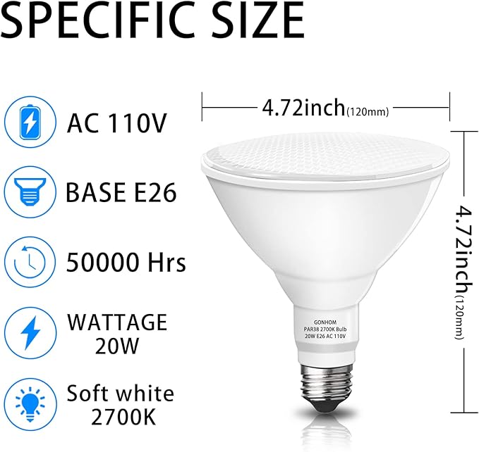 Gonhom Par38 led Flood Lights Outdoor Light Bulb,Dimmable 1800LM,20W Replace up to 200W,Outdoor Flood Light Bulbs for Backyard,Garage,Porch,Garden,2 Pack 2700K Warm Light