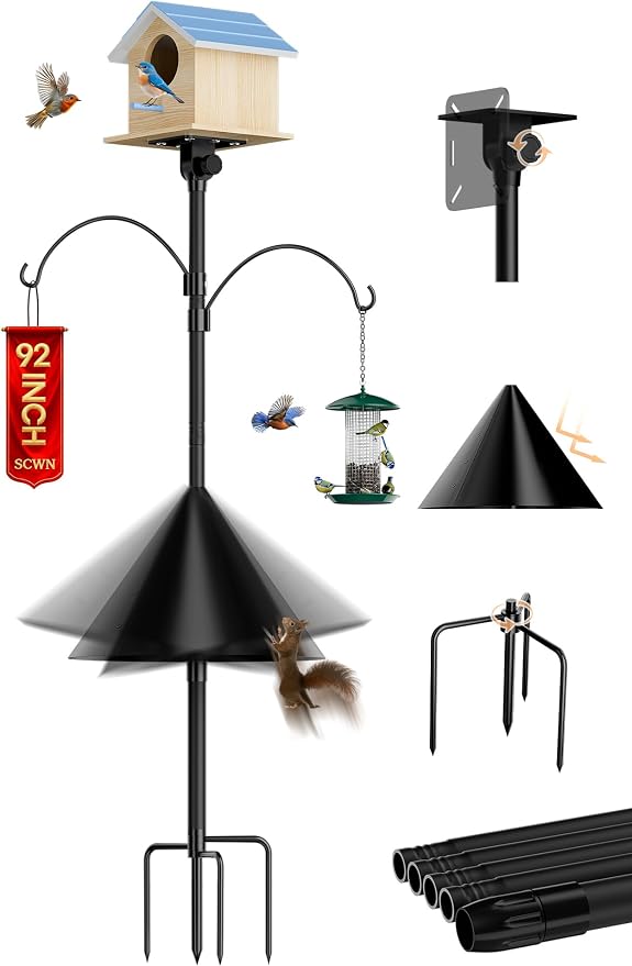 92 inch Bird Feeder Pole Squirrel Proof, Heavy Duty Bird Feeder Stand, Adjustable Tall Bird House Pole with Dual Shepherds Hooks for Backyard&Outdoor Garden Bird Houses, Cameras, Weather Station
