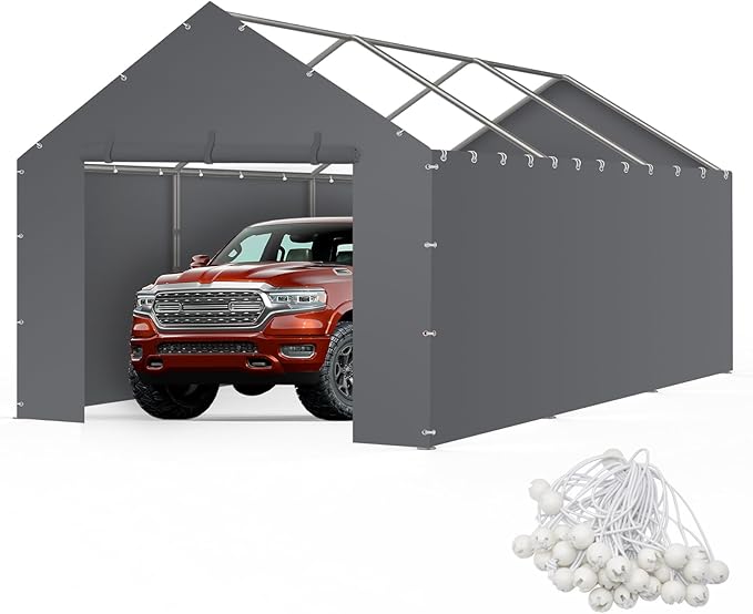 Carport Replacement Canopy Cover Sidewalls for 10x20x9.35FT Frame, Heavy Duty Garage Car Tent Shelter Tarp with Ball Bungees, Waterproof & UV Protected (Frame is not Included) (Grey)