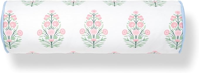 Hofdeco Premium Coastal Grandmillennial Patio Indoor Outdoor Bolster Pillow Cover Only, 6"x20" Water Repellent for Backyard, Couch, Poolside, Pink Green Print Flower