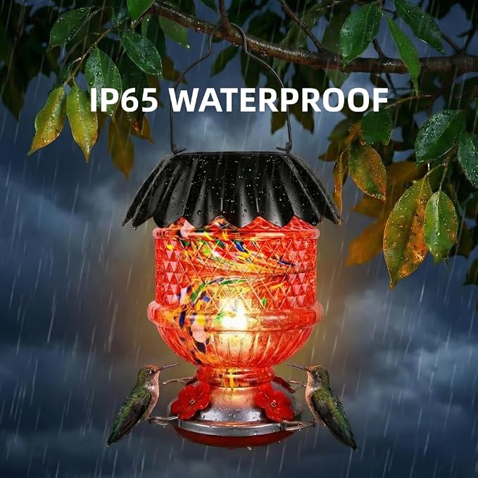 Solar Hummingbird Feeder with Perch 48 OZ Hand Blown Glass Hummingbird Feeder for Outdoors Hanging Include Accessories (Red)