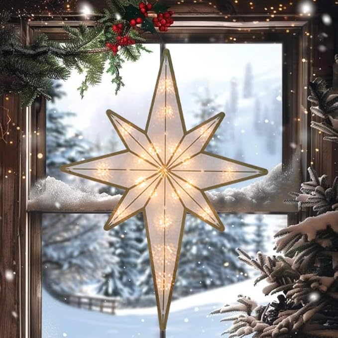 17'' Merry Christmas Lighted Sign - Bethlehem Star Window Silhouette Lights with 20 LEDs, Double-Sided 3D Holiday Decoration for Christmas Window & Home Display
