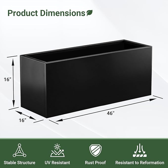 Metal Planter Box 46” x 16” x 16”, Heavy Duty Tall Rectangle Planter Box with with Drainage Holes & Rust-Proof Coating, Modern Outdoor/Indoor Black Planter Box for Porch, Garden, Patio, Yard