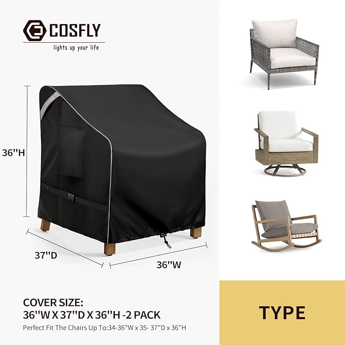 COSFLY Outdoor Patio Chair Covers Waterproof, Heavy-Duty UV-Resistant Furniture Covers, Adjustable Fit with Buckle Straps, Fits Chairs up to 36" W x 37" D x 36" H (2-Pack, Black)
