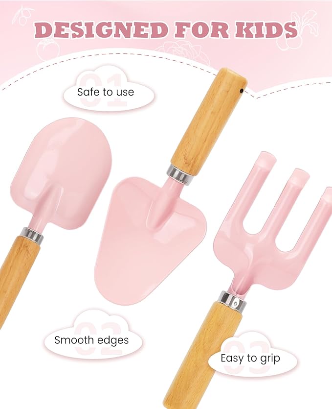 Kids Gardening Set, Gardening Tools Kit for Kids and Toddler, Includes Wooden Rake, Two Shovels, Gloves, Watering Can, Apron, and Tote Bag, Outdoor Toys for Girl Boy, Pink