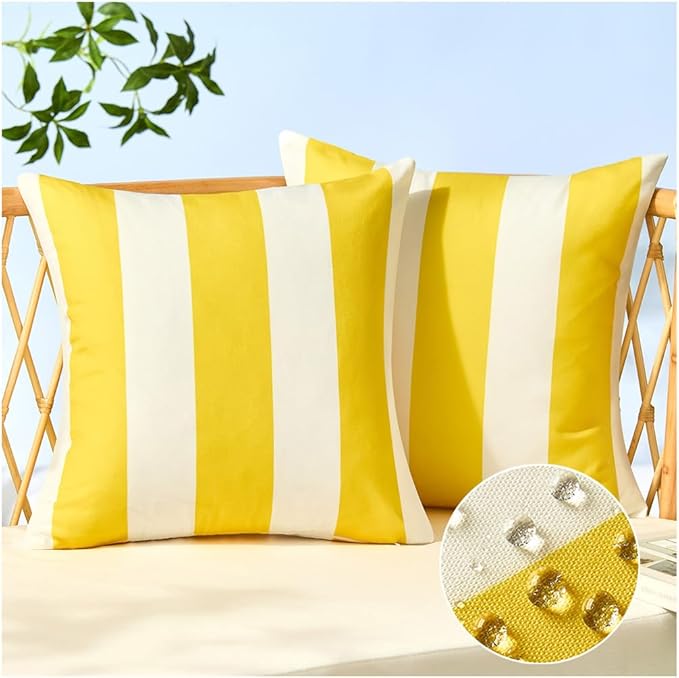 Allorry Outdoor Pillow Covers 20x20 Set of 2 Yellow Striped Decoration Throw Pillow Covers for Spring Summer Outdoor Waterproof Garden Patio Furniture Sofa Bed Home Decor JB007-F20