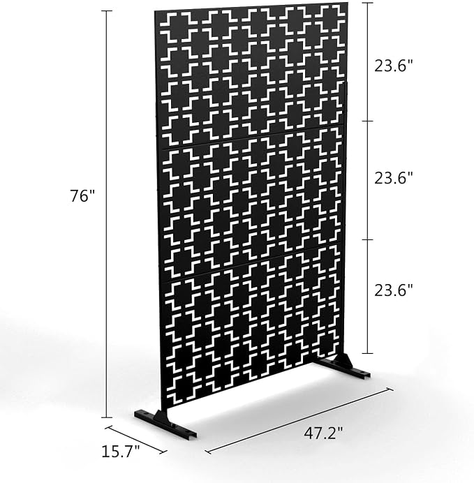 Casaphoria 72" H x 47" W Metal Outdoor Privacy Screen, Freestanding Decorative Divider for Patio, Deck, Balcony, and Garden with Stable Base, Black-Square