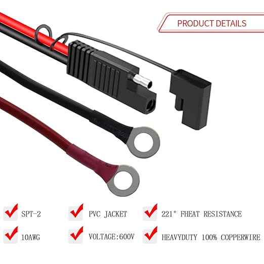 ELFCULB 2FT 10AWG SAE Battery Connectors Extension Cord Cable with 5 Fuse Compatible with Solar Generator Battery Charger,SAE to O Ring, for Solar Accessories