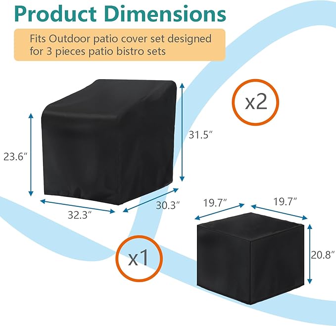 3 Piece Outdoor Veranda Patio Garden Furniture Cover Set with 420D Waterproof Fabric, Patio Furniture Covers Set with Windproof Buckle Strap Fit for Outdoor Wicker Rattan Chair Sets, Black