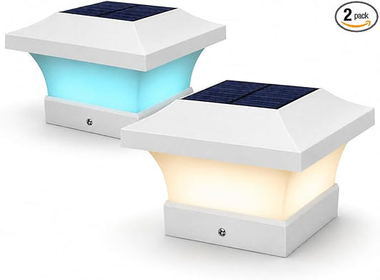 T-SUN 4X4 Post Solar Lights, Outdoor Waterproof RGB Color Changing Light for 4X4 5X5 6X6 Wood/Vinyl/Fence Posts, Deck, Solar Post Lights for Patio Garden Decor or Fence(White Shape-2 Pack)