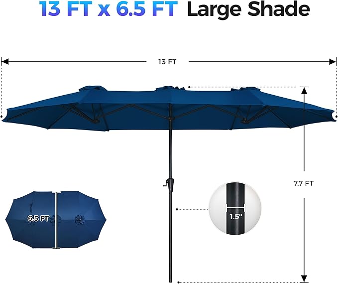 SUPERJARE 13FT Outdoor Umbrella for Patio, Double sided Pool Umbrellas with Fade Resistant Canopy, Large Table Umbrella for Deck, Market, Backyard - Navy Blue(No Base)