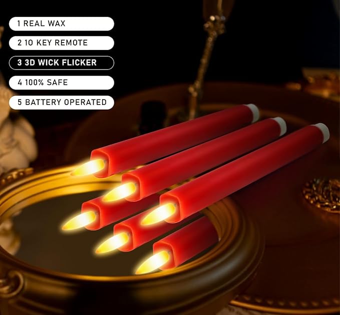 KSWING Upgraded Real Wax LED Flameless Red Taper Candles with Remote, 6 PCS Candlesticks Battery Operated 3D Flickering - 9.6" Long Realistic Fake Candle Sticks for Home/Wedding/Fireplace Xmas Decor