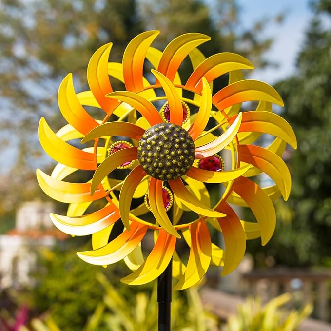 Metal Sunflower Wind Spinner Outdoor,13Inch Large Double Windmill Pinwheels with Stake,Kinetic Wind Sculpture Outdoor for Yard, Garden, Lawn Decorations