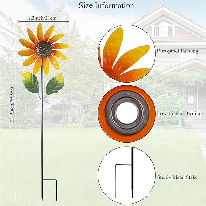 Viveta 2 Pack Sunflower Wind Spinners, Metal Wind Sculptures & Pinwheels for Garden, Kinetic Windmill for Yard Lawn Patio Decor