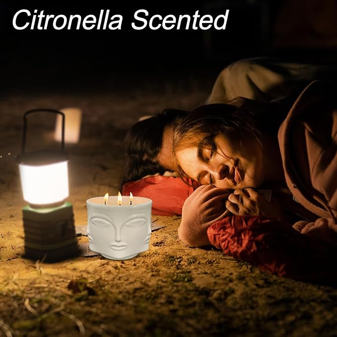 Outdoor Citronella Candle & Strong Eucalyptus & Rosemary 3 Wick Large Candle, 20oz, Ceramic, 100% Soy, for Patio Decor, Table Decor, Boho Decor, Home Decor, Beautiful Candle Jars