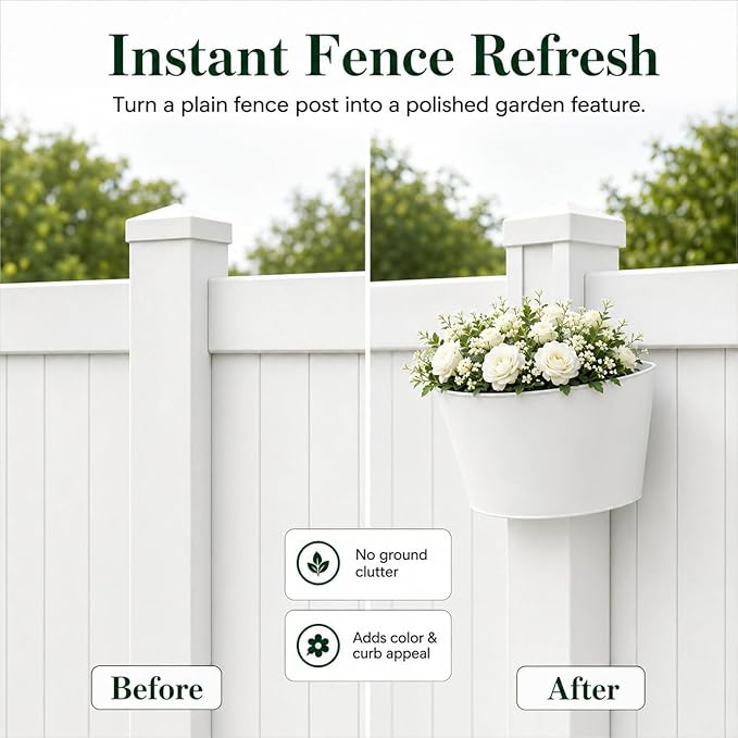 1 Pack White Metal Fence Post Planter for 4x4 & 5x5 PVC Vinyl Fence, No-Drill Hanging Flower Pots for Outdoor Plants, Flush Fit Planters with Drainage for Garden Yard Outdoor Decor