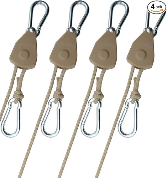 4Pack Retractable Ratchet Tie Down Straps, 16Ft 1/4" Adjustable Rope Hangers, Heavy-Duty Kayak Pulley System with 2 Carabiner Hooks, for Canoe, Roof Rack Loads, Camping Gear, Desert Khaki