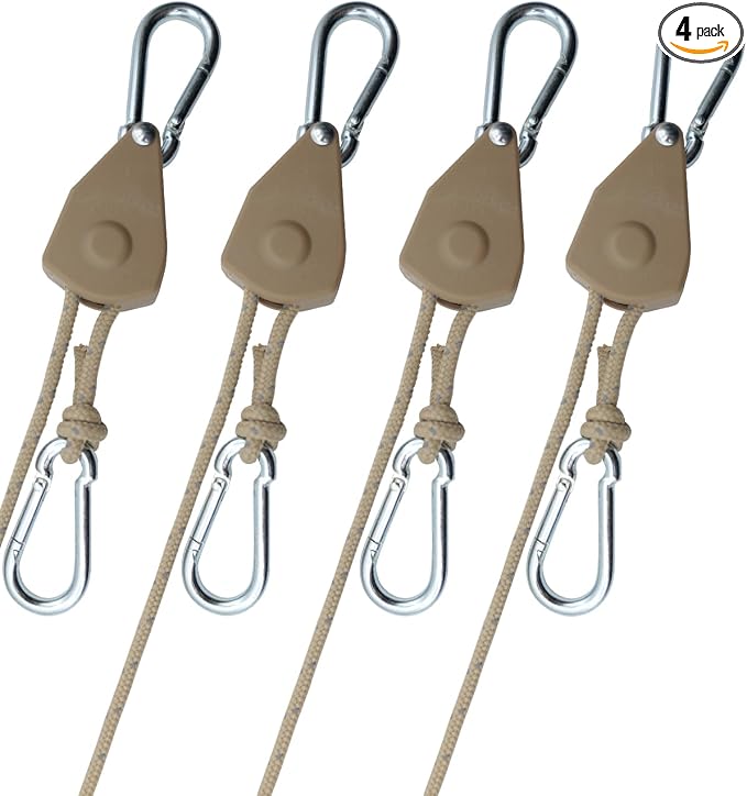 4Pack Retractable Ratchet Tie Down Straps, 13 Ft 1/8” Adjustable Rope Roller, Heavy Duty Ratcheting Pulley System with 2 Carabiner Hook, for Outdoor Decor, Hanging Plants, Grow Lights
