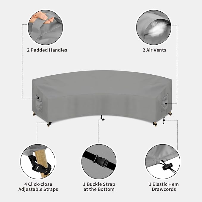 PureFit Outdoor Sectional Sofa Cover Waterproof Curved Patio Furniture Covers for Deck, Lawn and Backyard, 120Lx36Dx38Hx82FL, Grey