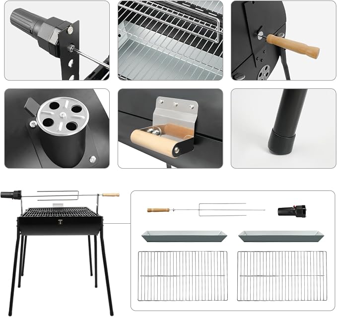 Barrel Charcoal Grill with Thermometer - Small Charcoal Grills with Central Rotisserie Rack Double-sided Smoker Grill Outdoor BBQ Grill, Perfect for Backyard Camping, Patio Parties and Picnics