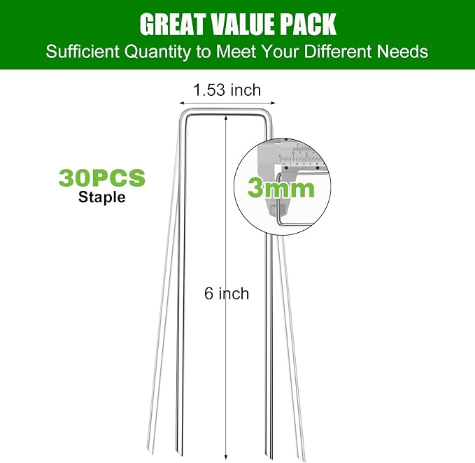 Garden Staples Set, 6Inch 11 Gauge 25pcs Galvanized Ground Nails, Anti-Rust,U-Shaped Lawn Spikes, 3mm Landscaping Fabric Pins for Weed Barrier, Groud Cover, Artificial Grass