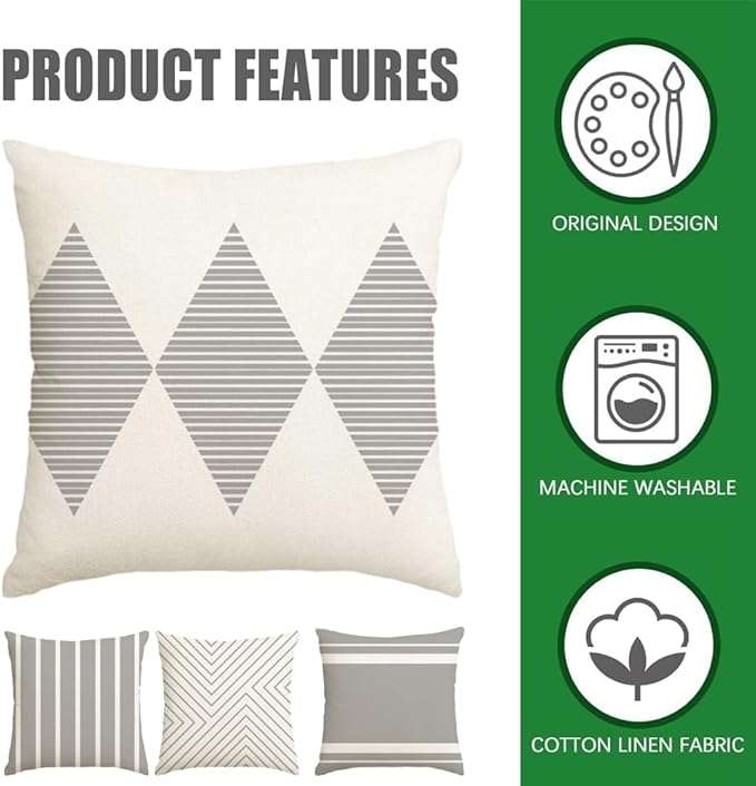 RABUSOFA Outdoor Pillow Covers 20x20 inch Waterproof,Gray and White Boho Set of 4 for Patio Furniture Sunbrella Couch(20" x 20" (Pack of 4))