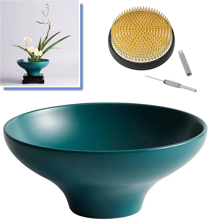 Japanese Ikebana Kit Floral Frog Japanese Flower Arranging Supplies Flower Container with Needle Straightening Tool & Kenzan - 2.4inch Flower Frog, Bowl Vase (Green Peacock)