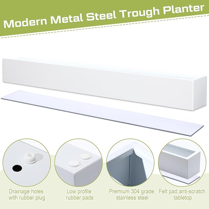 FillTouch 1 Pcs Long Rectangular Planter Box Window Sill Plant Box Metal Water Trough Indoor Large Modern Steel with Drainage Holes Herb Garden Home (32 x 3.5 x 3.5 Inch,White)