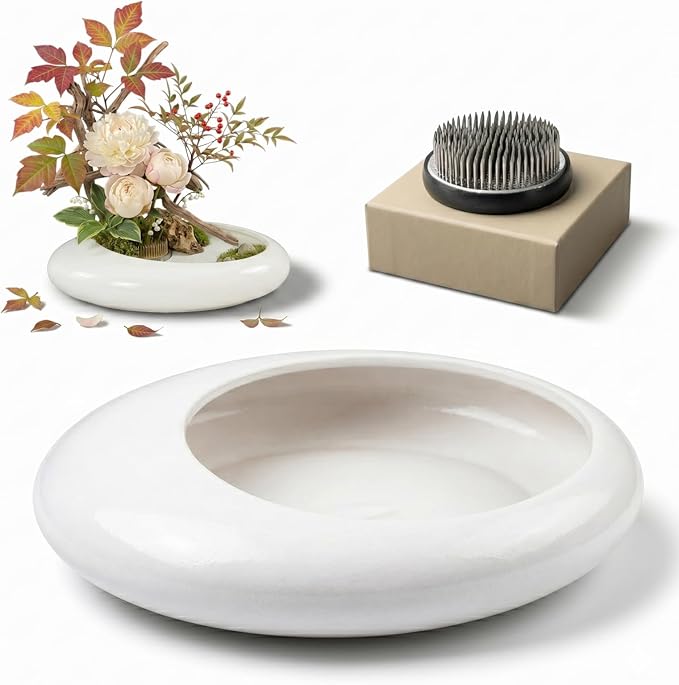 Ikebana Bowl Kit - Ikebana Vase (Japanese Flower Bowl Vase) with 2.4'' Floral Frog, Ikebana Set for Japanese Flower Arrangement (White, 2.4'' Floral Frog Included)