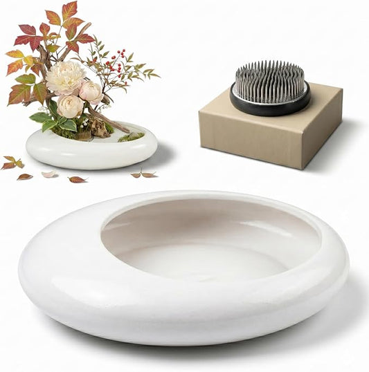 Ikebana Bowl Kit - Ikebana Vase (Japanese Flower Bowl Vase) with 2.4'' Floral Frog, Ikebana Set for Japanese Flower Arrangement (White, 2.4'' Floral Frog Included)