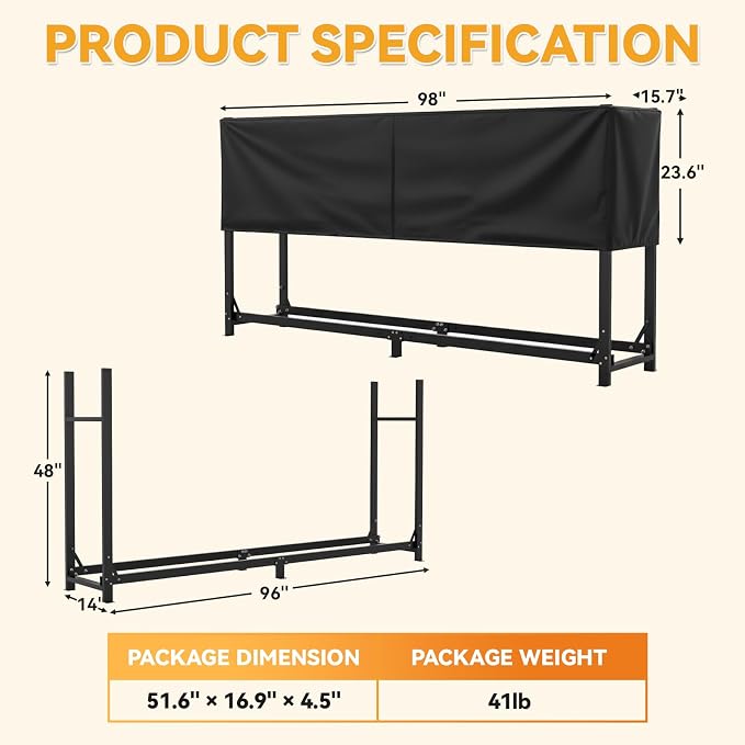 Heavy Duty 8ft Firewood Rack with Cover Outdoor, 1/2 Cord Capacity Log Holder Sturdy Steel Construction, All-Weather Black Powder Coat Wood Storage Organizer for Indoor&Outdoor Use, Black