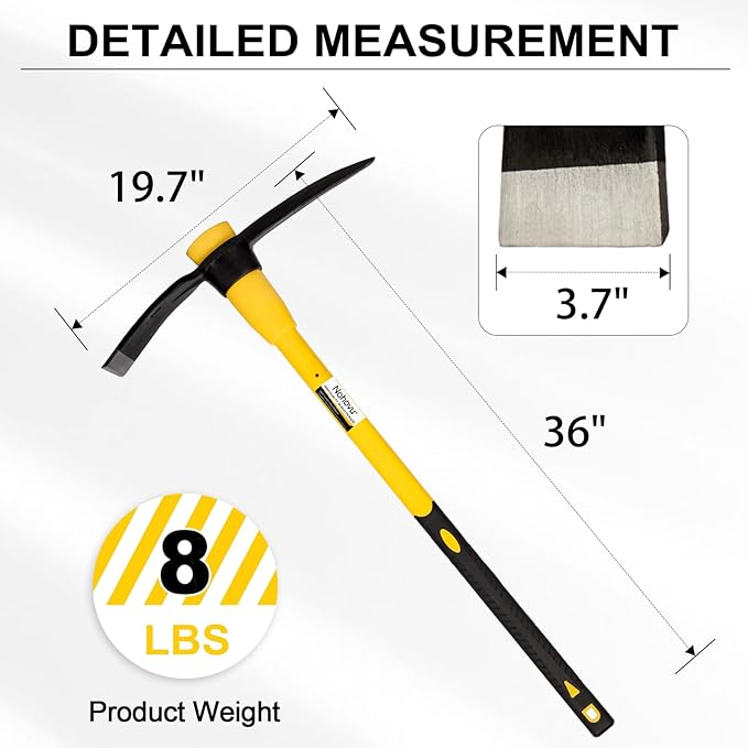 Nohovu Pickaxe with Shock Absorbing Fiberglass Handle, Heavy Duty Forged Steel Pick Axe for Digging, 36 Inches (406Y)
