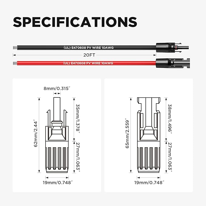 20FT 10AWG Solar Extension Cable (Red + Black), 30A/1000V DC, IP68 Waterproof PV Wire with Compatible Quick Connectors for Connecting Solar Panels, Controllers, and Solar Systems