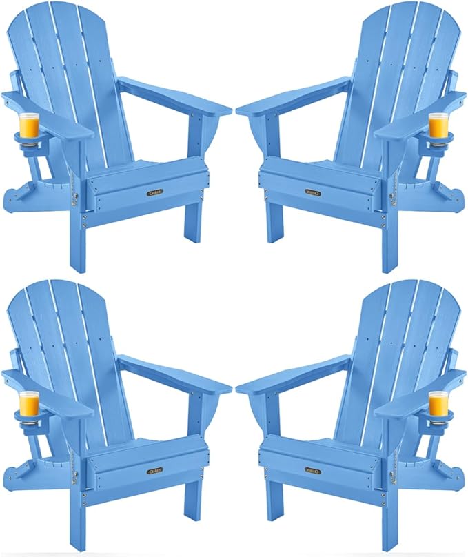 Ciokea Folding Adirondack Chairs Set of 4, Patio Adirondack Chair Weather Resistant, Plastic Fire Pit Chair with Cup Holder, Lawn Chair for Outdoor Porch Garden Backyard Deck, Baby Blue