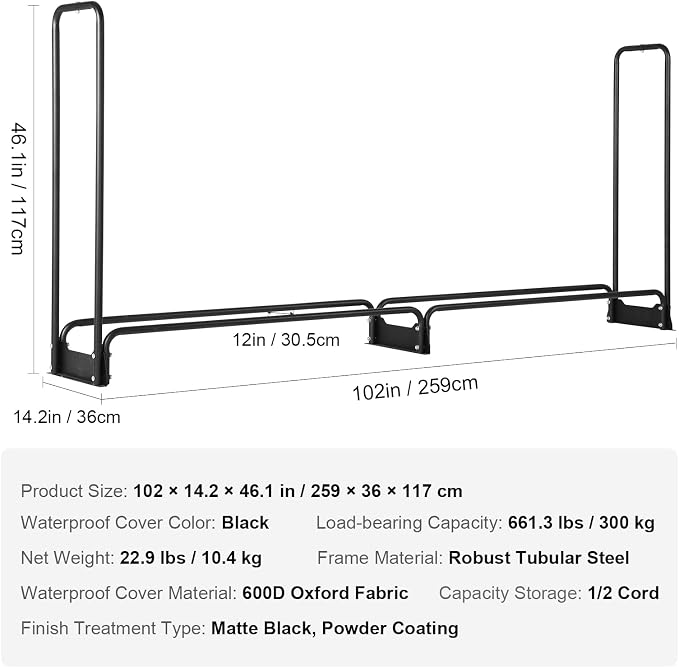 VEVOR 8.5FT Outdoor Firewood Rack with Cover, 102x14.2x46.1 in, Heavy Duty Firewood Holder & 600D Oxford Waterproof Cover for Fireplace, Patio, Indoor/Outdoor Log Storage Rack for 1/2 Cord of Firewood