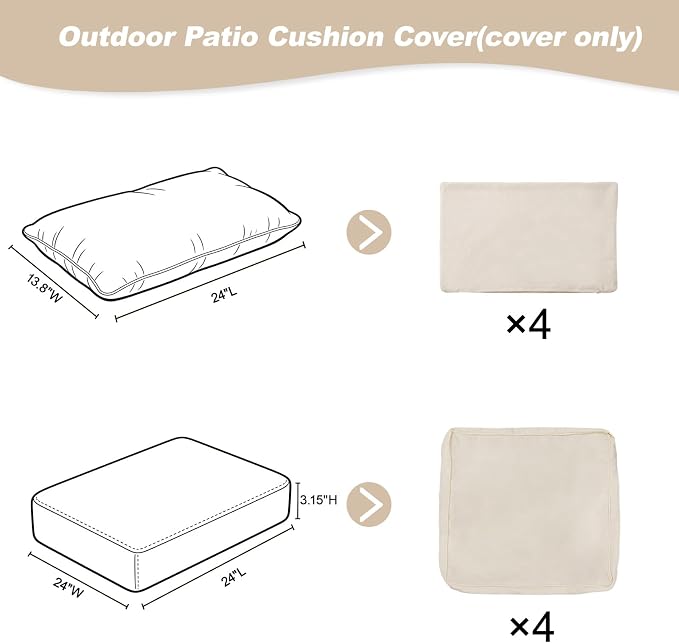 8 Pcs Outdoor Cushion Covers, Replaceable Waterproof Patio Furniture Covers, Outdoor Furniture Sofa Couch Covers with Zippers, Cover Only (8Pcs-Beige, 24 * 24 * 3.15-inch)