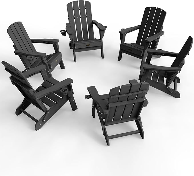 Folding Adirondack Chair 6 Pack, HDPE All-Weather Fire Pit Chairs, Plastic Adirondack Chairs with 2 Cup Holder, Outdoor Lawn Chair for Patio Garden (Black)