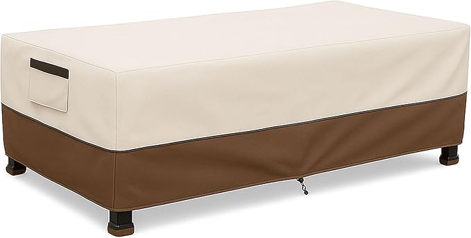 Waterproof Patio Coffee Table Cover, 600D Heavy Duty Outdoor Furniture Covers, Weather & UV Resistant, Windproof with Buckles, Rectangular Table Cover for Backyard Patio 48 x 28 x 16 in, Beige & Brown