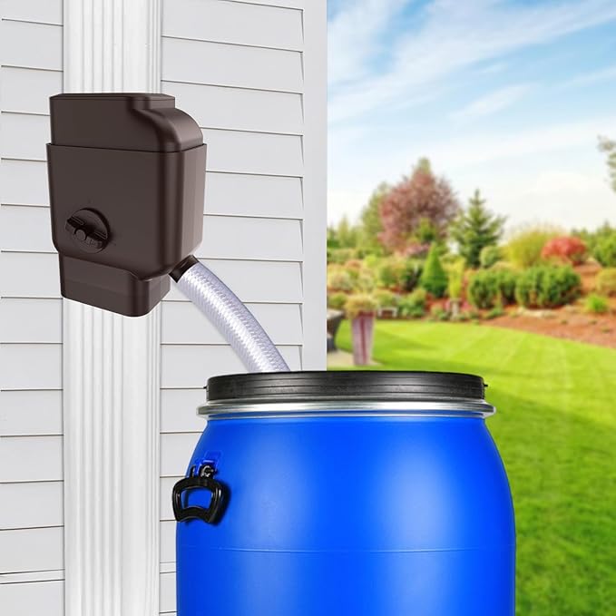 Prestantious Downspout Diverter with Built-in Filter Screen Fits for 2"x3" and 3"x4" Downspout, Rainwater Collection System with Adjustable Valve and 4ft. Hose, Diverts Large Water Flow, Brown