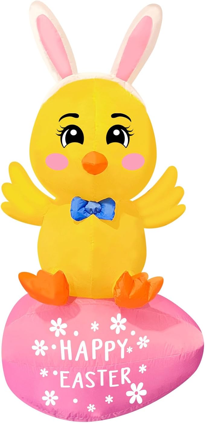 Easter Inflatable Chick On Egg Happy Easter Blow up Outdoor Decoration with LED Lights, Yard Garden Lawn Outdoor Decoration Front Door Holiday Decor (5Ft Chick Sits on Egg)