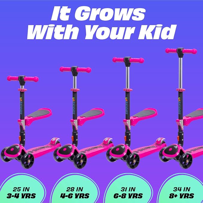 SKIDEE Kick Scooter for Kids Ages 3-5 | Foldable 3 Wheel Scooter with Lean-to-Steer, Adjustable Height, Removable Seat & LED Light Wheels | Toddler Scooter Up to 12 Year Old Boys/Girls