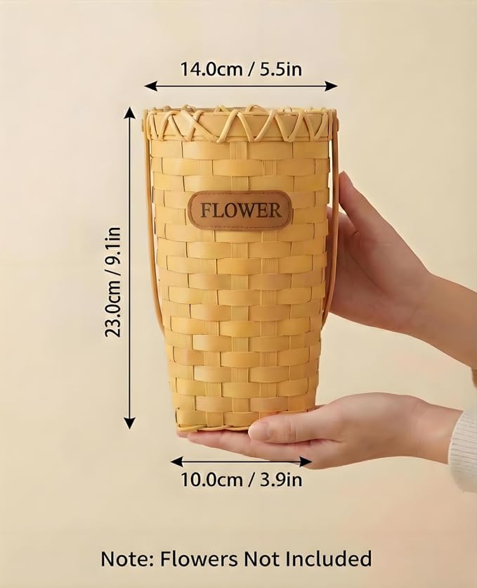 AceList Woven Hanging Basket for Wall Door, 9 Inch Tall Wood Storage Basket for Living Rooms, Kitchen, Rustic Farmhouse Pocket Basket with Long Handle for Dried Flower Decor With flower tags