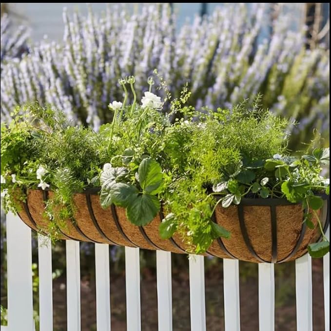 2 Packs Planter Box for Deck Railing 24" Black Metal Hanging Planter Basket with Coco Coir Liner Metal Window Planter Plant Holder Flower Pots