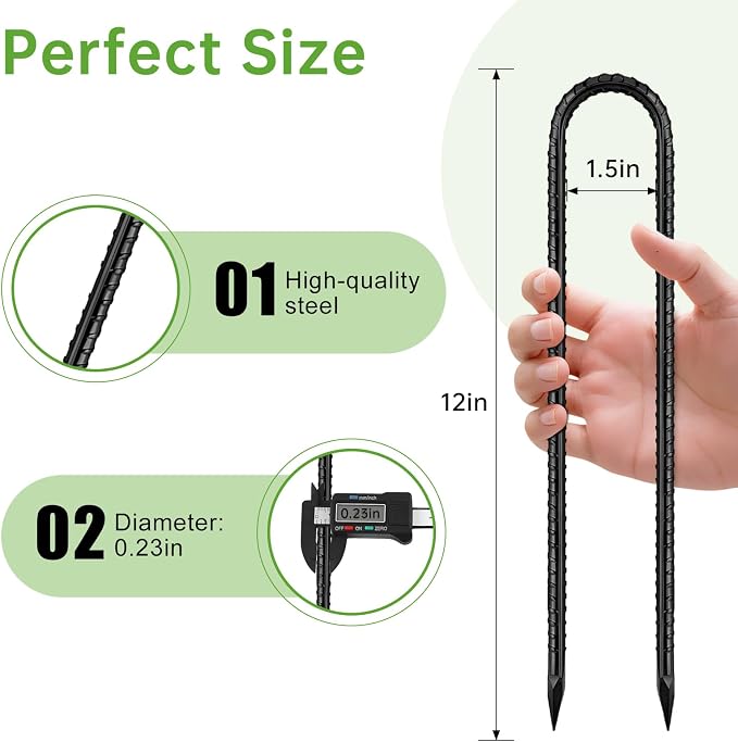 12 Inch Rebar Stakes, U Hook Ground Stakes 10 Pack Black Ground Anchors for Tent Heavy Duty for Plants Anti-Rust Landscape Fabric Artificial Turf